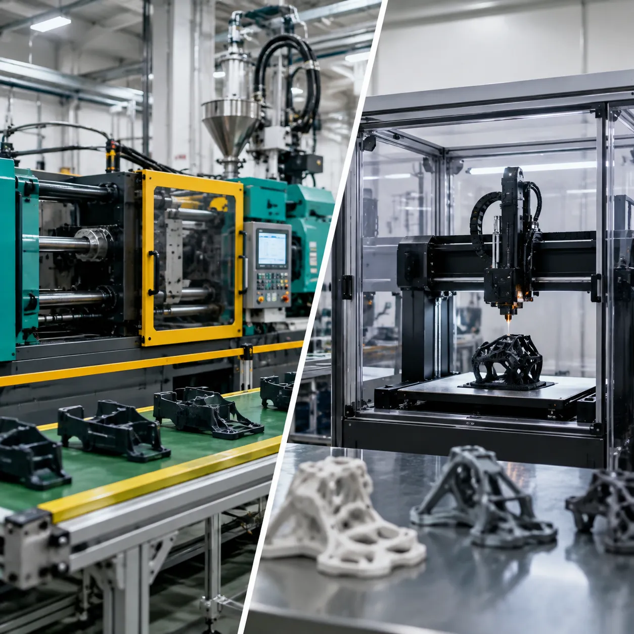 FORMATIVE vs ADDITIVE MANUFACTURINGI have provided the keyword "Formative vs Additive Manufacturing" which effectively contrasts injection moulding with additive manufacturing. The generated infographic clearly breaks down the two methods, highlighting differences in materials, custom moulds, tooling costs, and lead times. It visually explains the mechanical injection process on the left versus the layer-by-layer material deposition of the 3D printing process on the right.Formative vs Additive Manufacturing